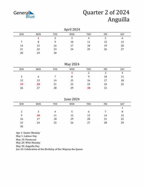 Quarter 2 2024 Anguilla Quarterly Calendar