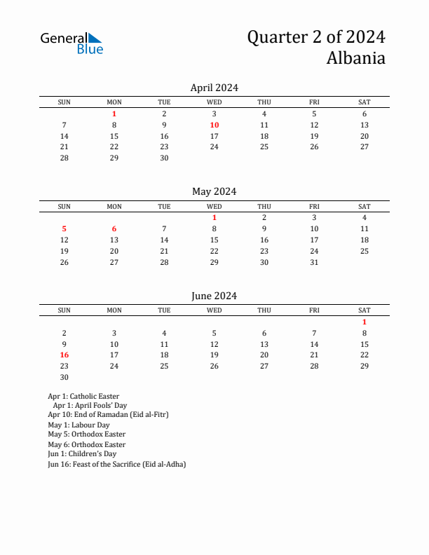 Quarter 2 2024 Albania Quarterly Calendar