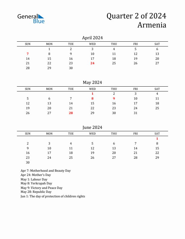 Quarter 2 2024 Armenia Quarterly Calendar