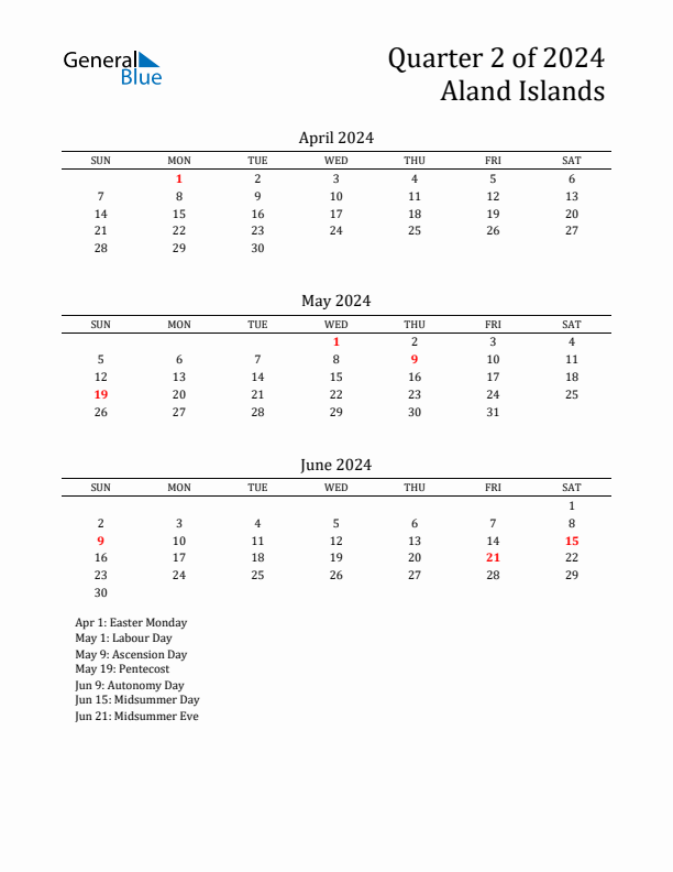 Quarter 2 2024 Aland Islands Quarterly Calendar