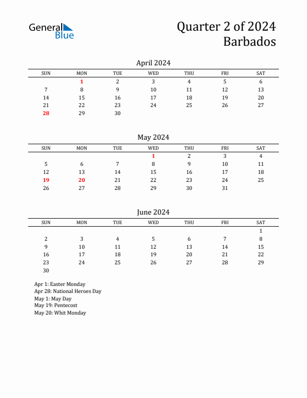 Quarter 2 2024 Barbados Quarterly Calendar