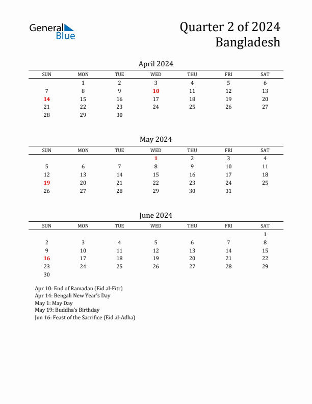 Quarter 2 2024 Bangladesh Quarterly Calendar