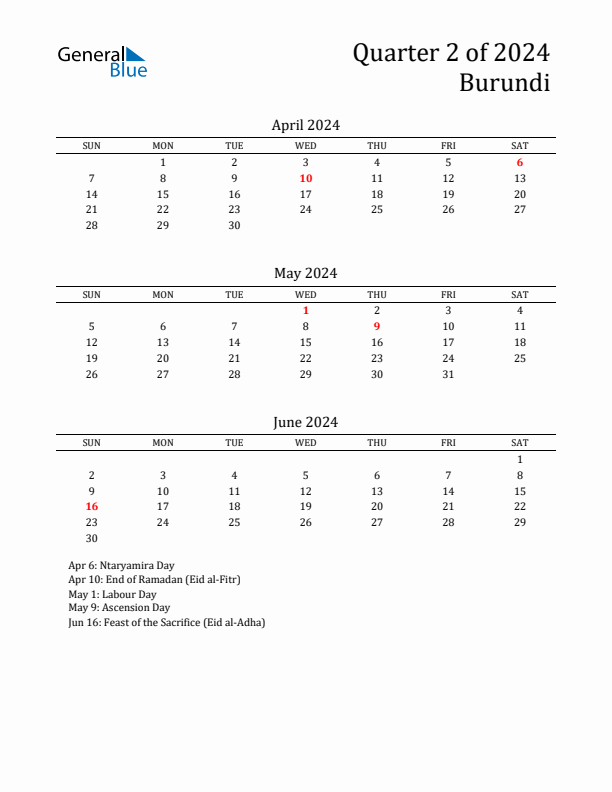 Quarter 2 2024 Burundi Quarterly Calendar