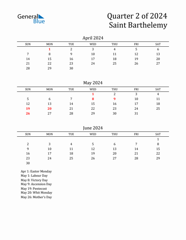 Quarter 2 2024 Saint Barthelemy Quarterly Calendar