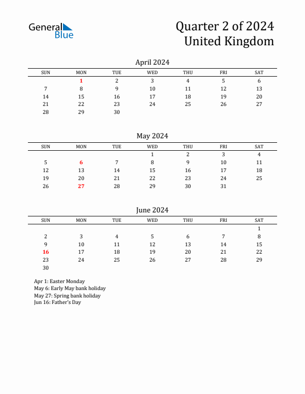 Quarter 2 2024 United Kingdom Quarterly Calendar