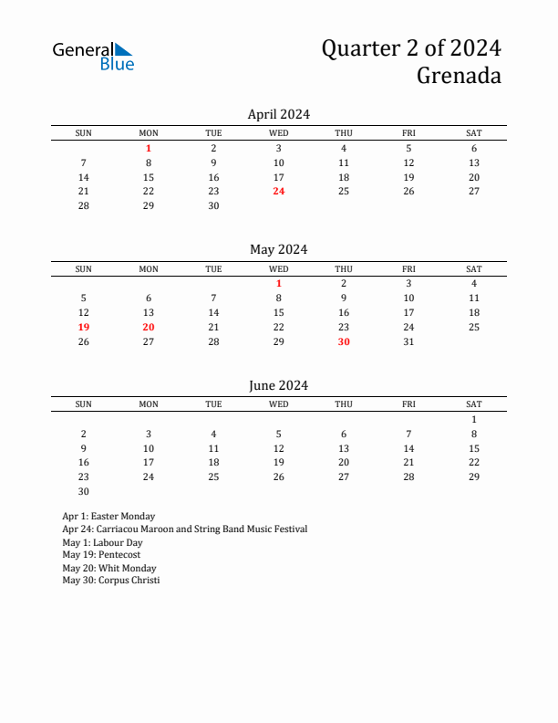 Quarter 2 2024 Grenada Quarterly Calendar