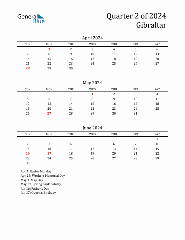 Quarter 2 2024 Gibraltar Quarterly Calendar