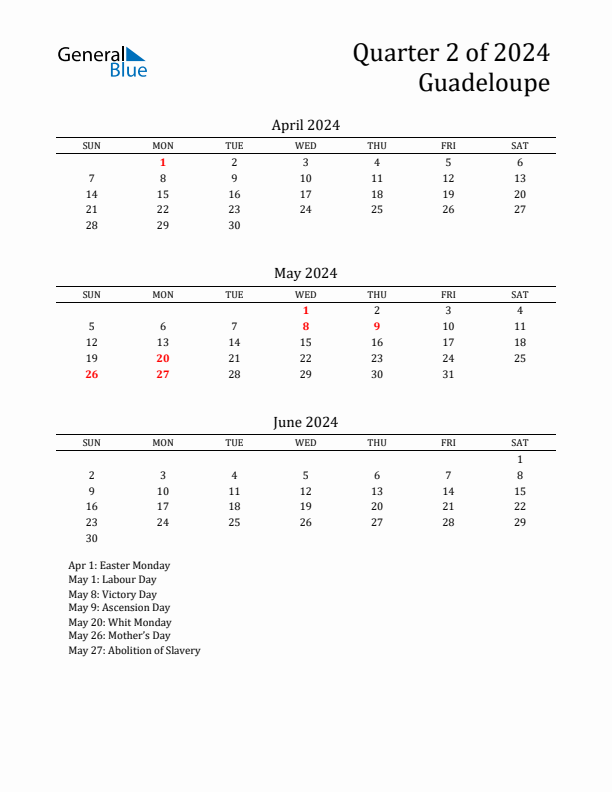 Quarter 2 2024 Guadeloupe Quarterly Calendar