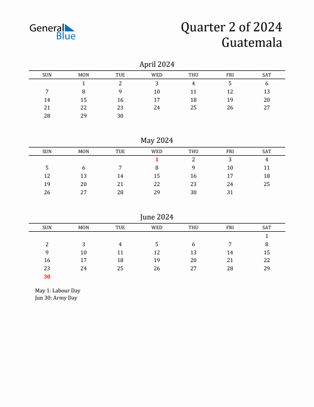 Quarter 2 2024 Guatemala Quarterly Calendar