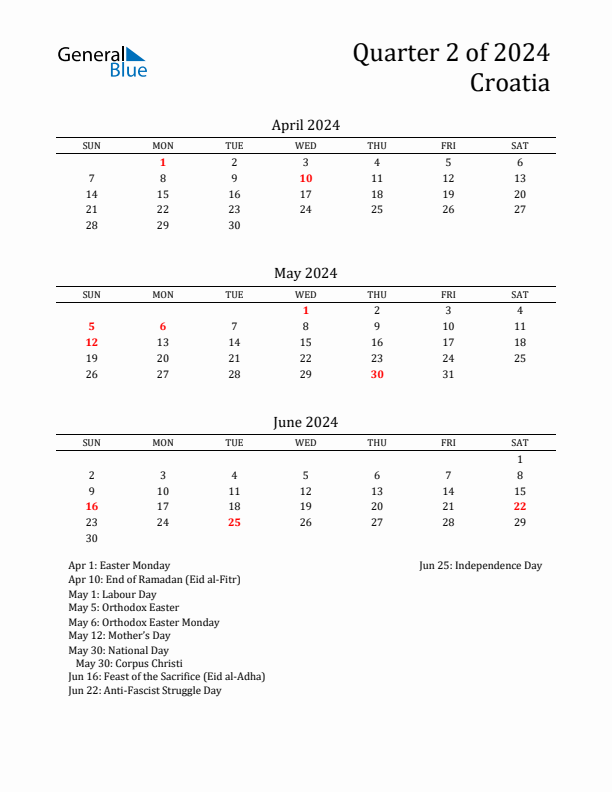 Quarter 2 2024 Croatia Quarterly Calendar