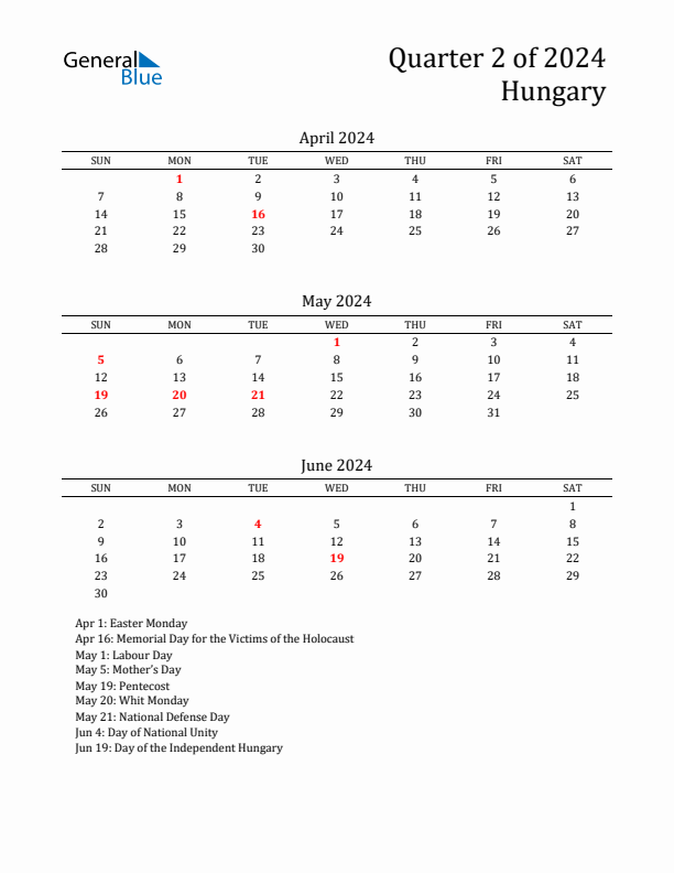 Quarter 2 2024 Hungary Quarterly Calendar