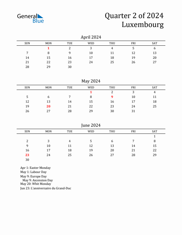 Quarter 2 2024 Luxembourg Quarterly Calendar