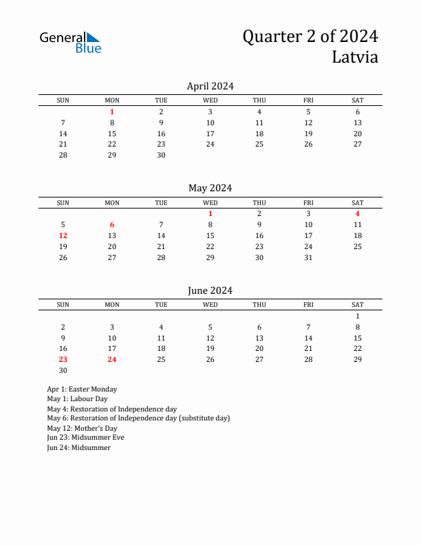 Quarter 2 2024 Latvia Quarterly Calendar