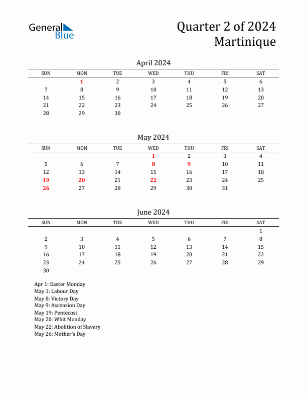 Quarter 2 2024 Martinique Quarterly Calendar