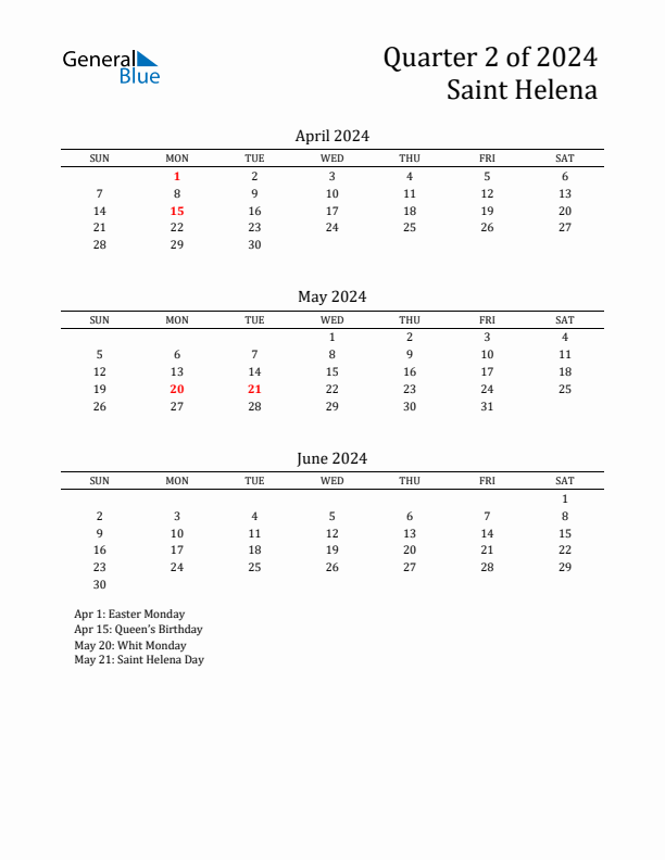 Quarter 2 2024 Saint Helena Quarterly Calendar