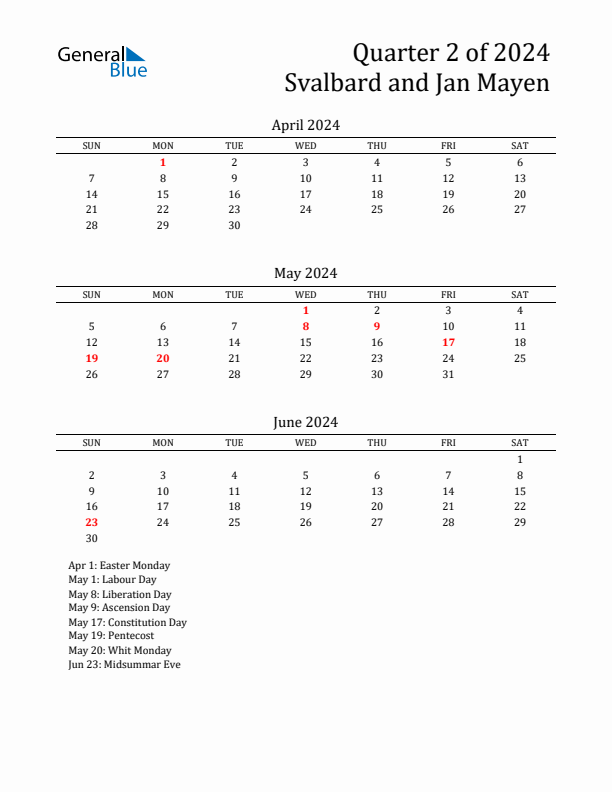 Quarter 2 2024 Svalbard and Jan Mayen Quarterly Calendar