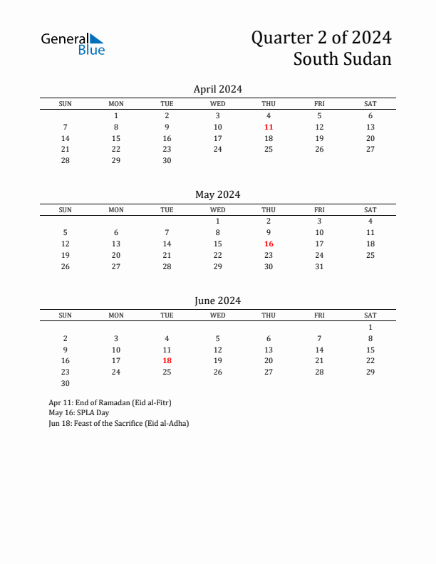 Quarter 2 2024 South Sudan Quarterly Calendar