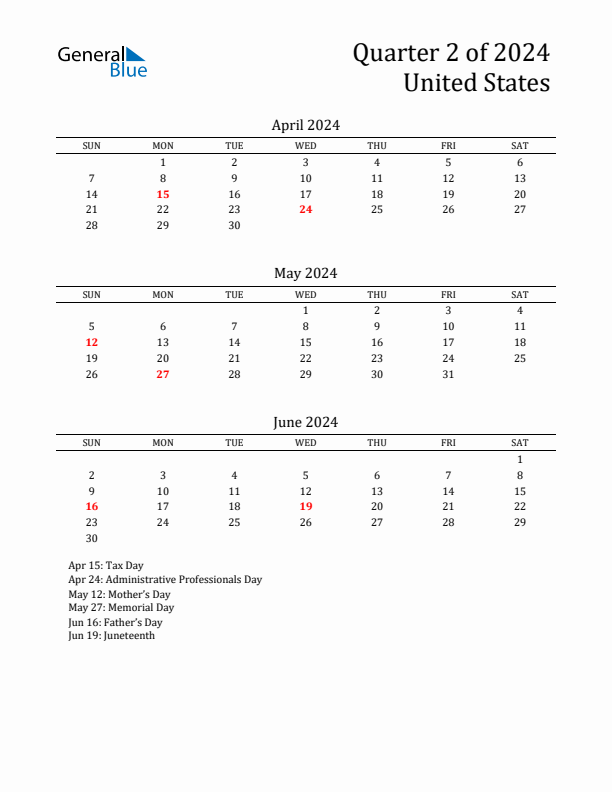 Quarter 2 2024 United States Quarterly Calendar