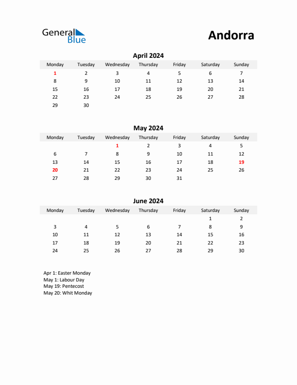 Printable Quarterly Calendar with Notes and Andorra Holidays- Q2 of 2024