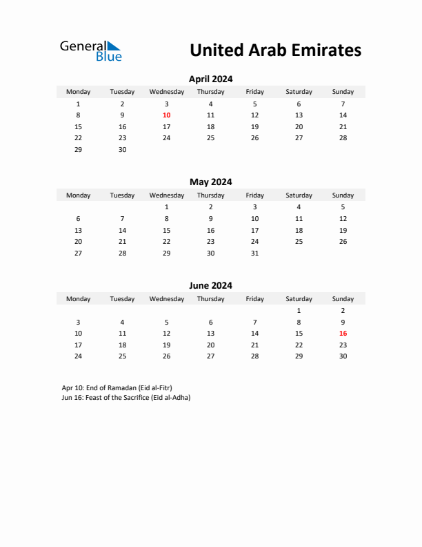 Printable Quarterly Calendar with Notes and United Arab Emirates Holidays- Q2 of 2024