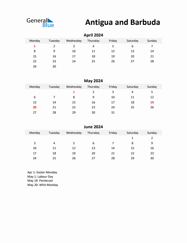 Printable Quarterly Calendar with Notes and Antigua and Barbuda Holidays- Q2 of 2024