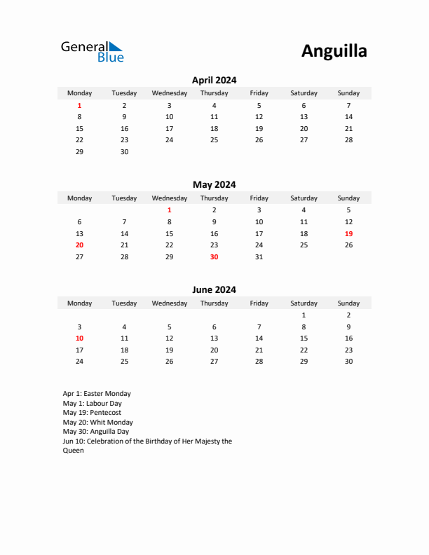 Printable Quarterly Calendar with Notes and Anguilla Holidays- Q2 of 2024