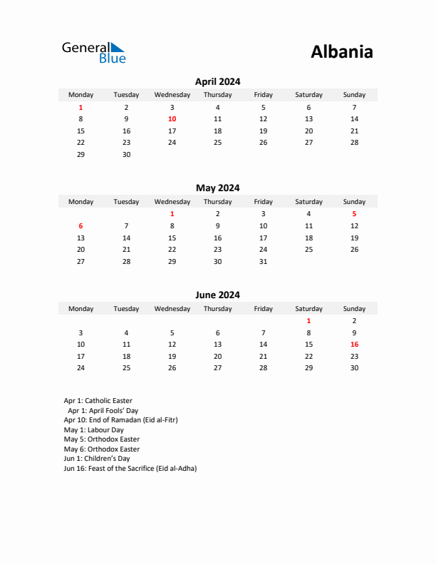 Printable Quarterly Calendar with Notes and Albania Holidays- Q2 of 2024