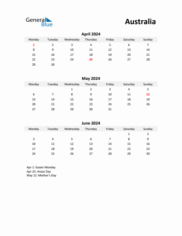 Printable Quarterly Calendar with Notes and Australia Holidays- Q2 of 2024