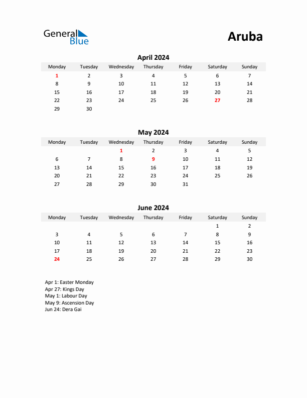 Printable Quarterly Calendar with Notes and Aruba Holidays- Q2 of 2024