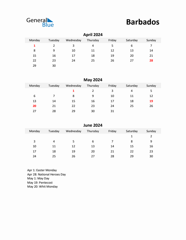 Printable Quarterly Calendar with Notes and Barbados Holidays- Q2 of 2024