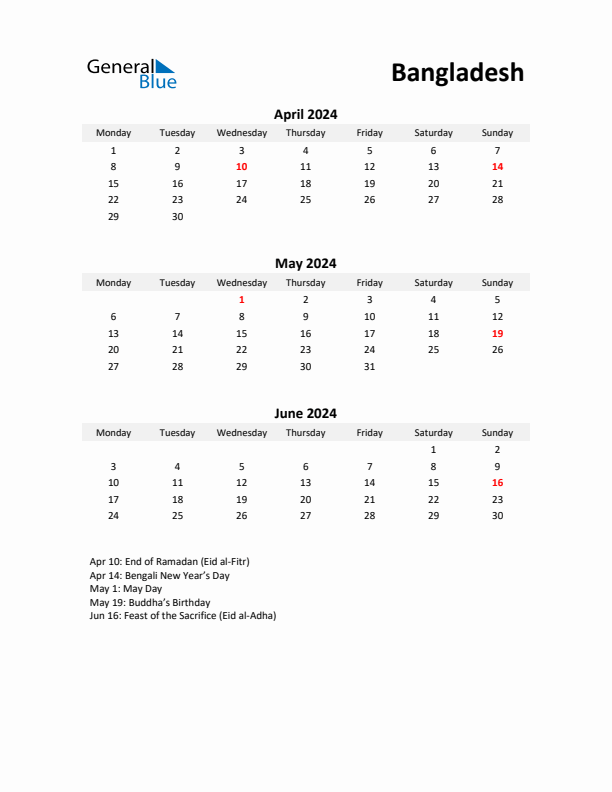 Printable Quarterly Calendar with Notes and Bangladesh Holidays- Q2 of 2024