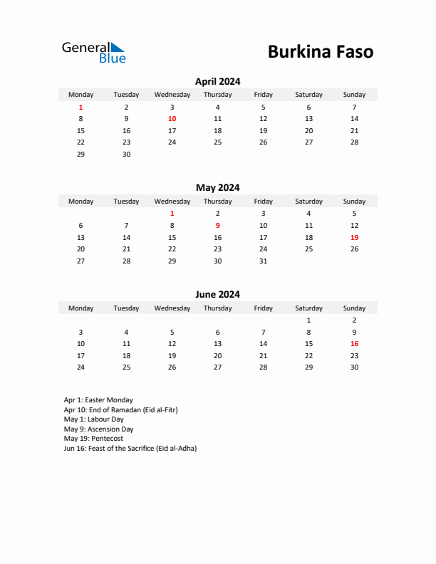 Printable Quarterly Calendar with Notes and Burkina Faso Holidays- Q2 of 2024