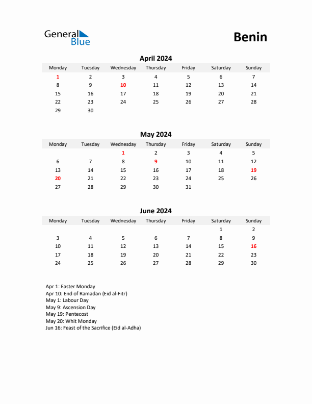 Printable Quarterly Calendar with Notes and Benin Holidays- Q2 of 2024