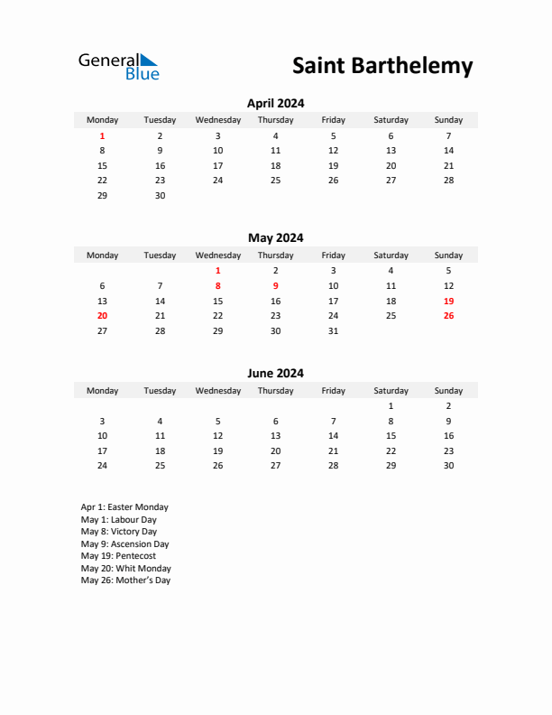 Printable Quarterly Calendar with Notes and Saint Barthelemy Holidays- Q2 of 2024