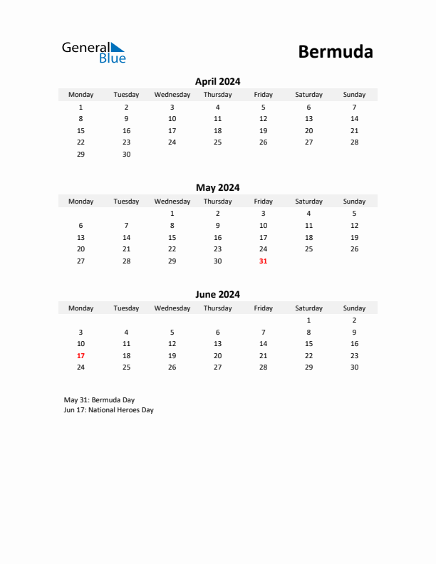 Printable Quarterly Calendar with Notes and Bermuda Holidays- Q2 of 2024