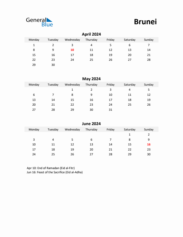 Printable Quarterly Calendar with Notes and Brunei Holidays- Q2 of 2024