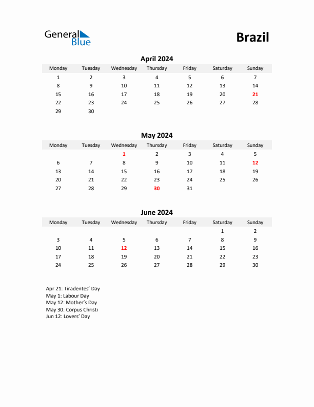 Printable Quarterly Calendar with Notes and Brazil Holidays- Q2 of 2024