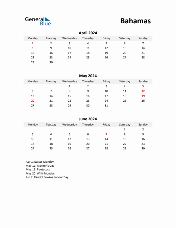 Printable Quarterly Calendar with Notes and Bahamas Holidays- Q2 of 2024