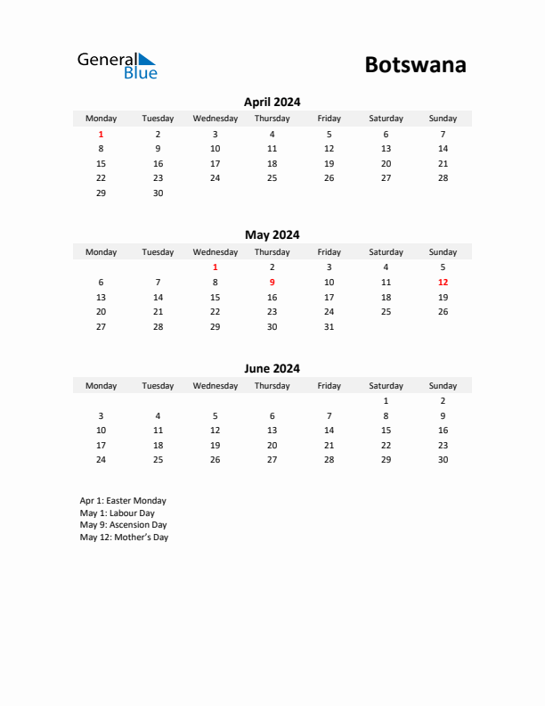 Printable Quarterly Calendar with Notes and Botswana Holidays- Q2 of 2024