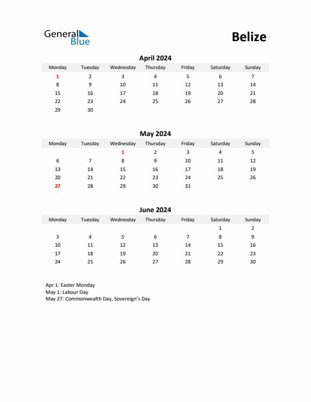 Printable Quarterly Calendar with Notes and Belize Holidays- Q2 of 2024