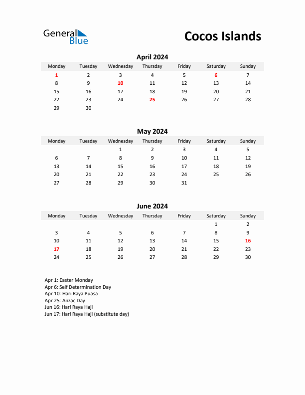 Printable Quarterly Calendar with Notes and Cocos Islands Holidays- Q2 of 2024