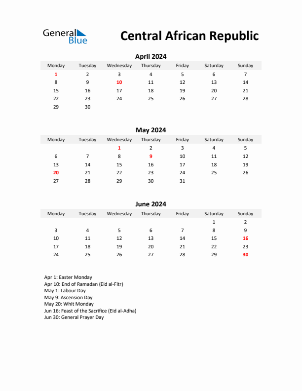 Printable Quarterly Calendar with Notes and Central African Republic Holidays- Q2 of 2024