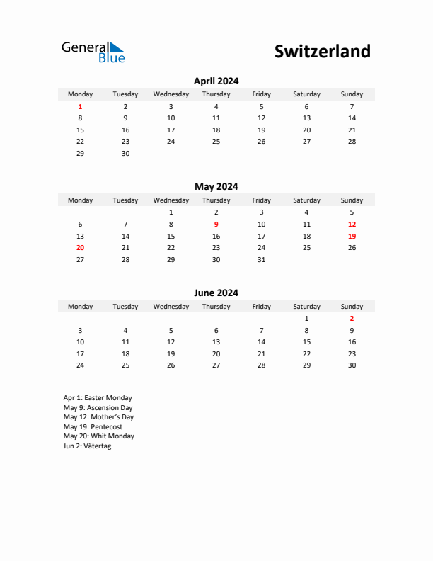 Printable Quarterly Calendar with Notes and Switzerland Holidays- Q2 of 2024