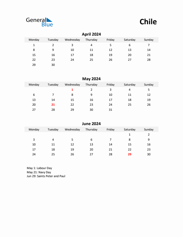 Printable Quarterly Calendar with Notes and Chile Holidays- Q2 of 2024