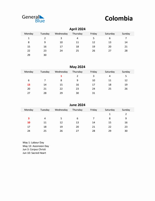 Printable Quarterly Calendar with Notes and Colombia Holidays- Q2 of 2024