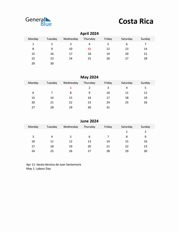 Printable Quarterly Calendar with Notes and Costa Rica Holidays- Q2 of 2024