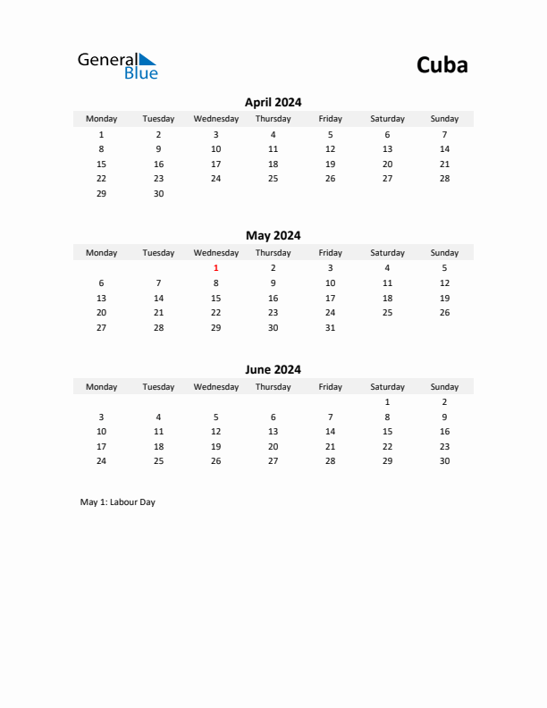 Printable Quarterly Calendar with Notes and Cuba Holidays- Q2 of 2024