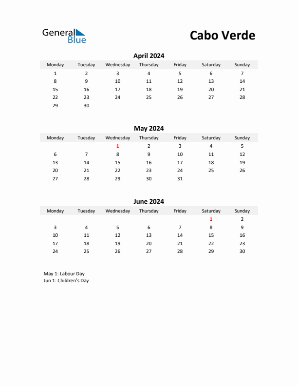 Printable Quarterly Calendar with Notes and Cabo Verde Holidays- Q2 of 2024