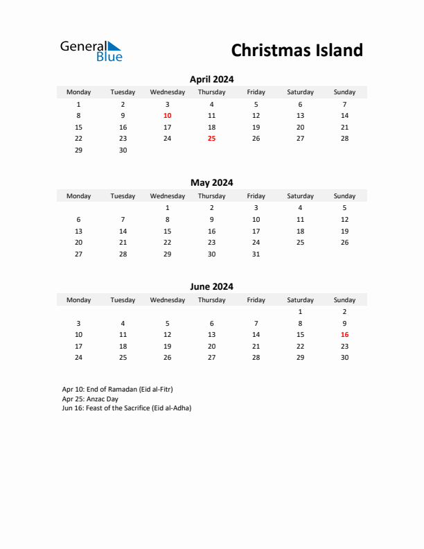 Printable Quarterly Calendar with Notes and Christmas Island Holidays- Q2 of 2024