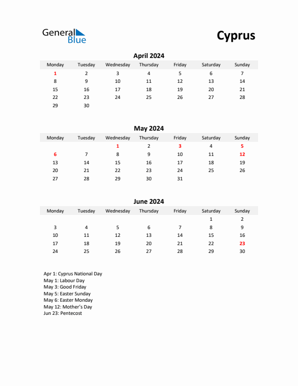 Printable Quarterly Calendar with Notes and Cyprus Holidays- Q2 of 2024